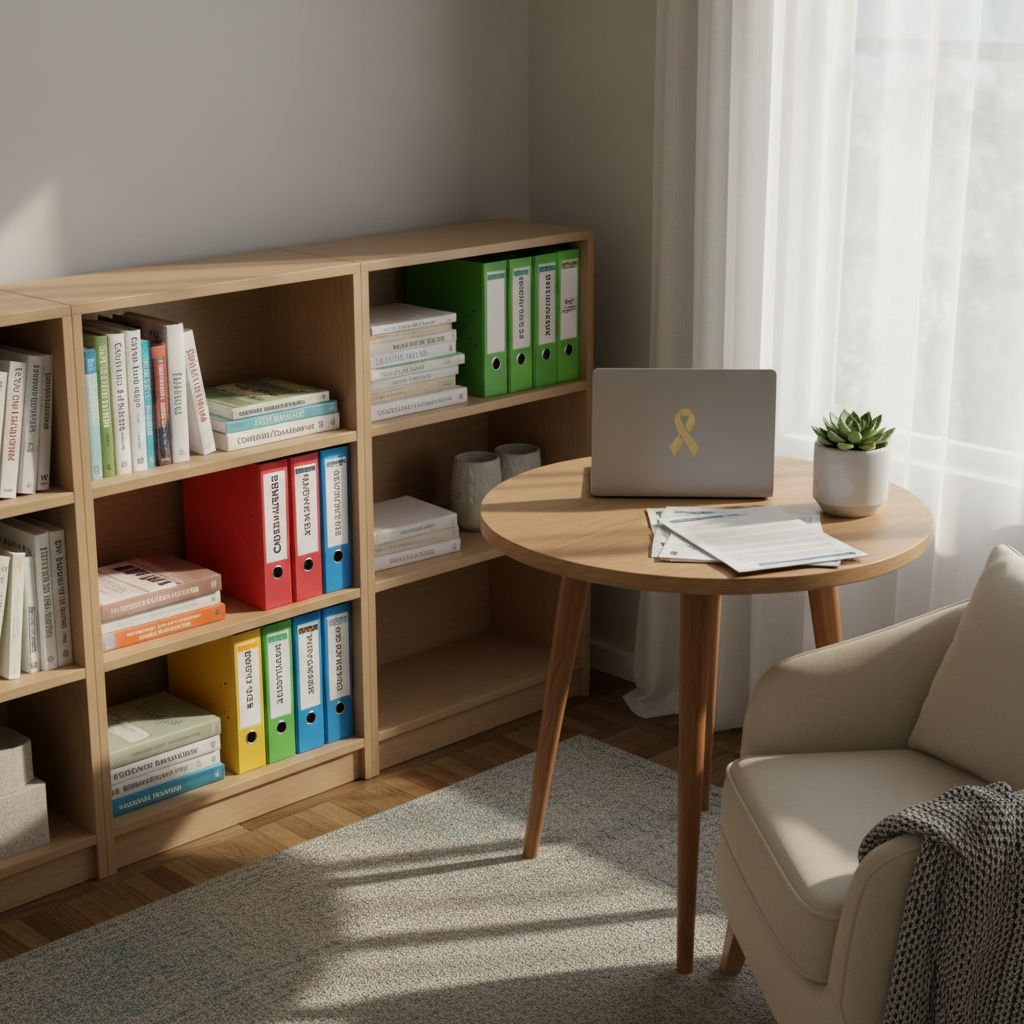A cozy reading nook designed as an educational space about childhood cancer, featuring a low, light-wood bookshelf filled with neatly arranged medical reference books and colorful educational binders. On a nearby round table rests a closed laptop with a subtle pediatric ribbon sticker, a stack of printed research summaries, and a small, healthy green plant in a matte white pot. Soft afternoon light filters through sheer curtains, creating gentle shadows on the floor and a warm glow on the table surface. Photographic realism, shot at a three-quarter angle with a balanced composition, evoking accessibility, calm focus, and the idea that complex cancer information can be understood in a comfortable, inviting environment.
