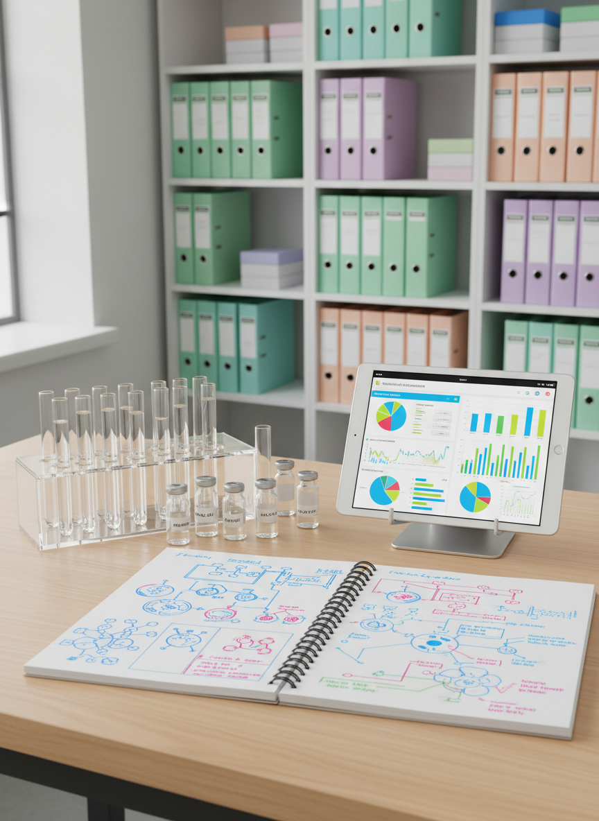 A bright, welcoming research workspace with a sturdy light-wood table covered in neatly arranged lab equipment: clear test tubes in a rack, labeled sample vials, a tablet displaying a colorful pediatric cancer research dashboard, and a neatly open notebook with graphs and pathways sketched in vibrant inks. Shelves in the background hold organized binders and storage boxes in soft pastel tones. Natural daylight pours through a large unseen window, casting soft highlights on glass surfaces and creating a calm, focused atmosphere. Photographic realism, shot from a slightly elevated angle with sharp focus throughout, emphasizing organization, transparency, and the careful science behind improving childhood cancer treatments.